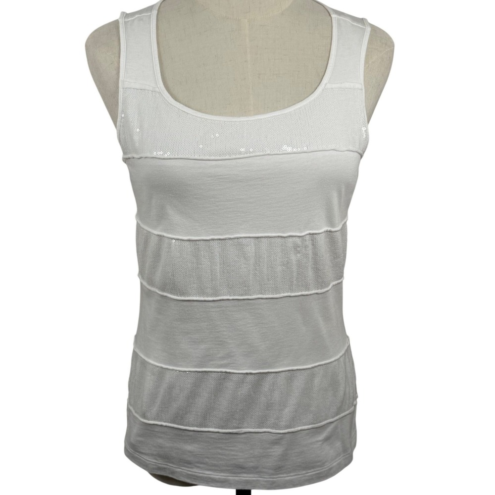Chicos Women Size 0 Small Tank Top White Sequin Tiered Mesh Cotton Modal Coastal